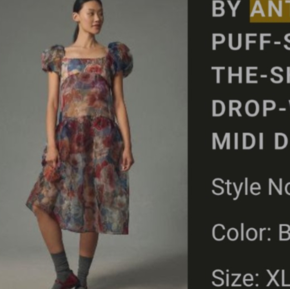Anthropologie Blue Off-Shoulder Puff Sleeve Midi Dress